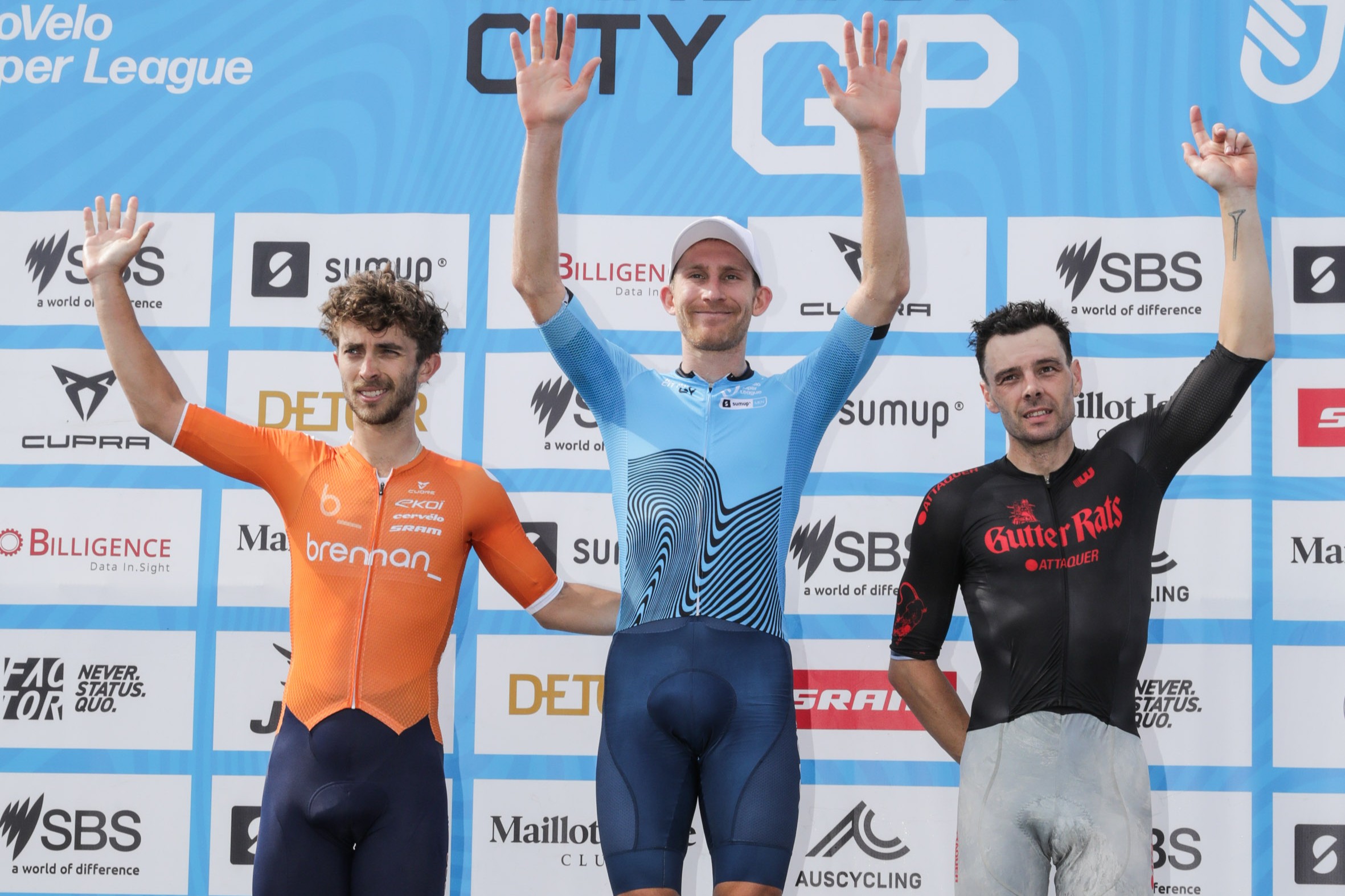 Cameron Scott, Tristan Saunders and Oliver Penney on the final general classification podium of the men's Harbour City GP, part of the ProVelo Super League (PSL)